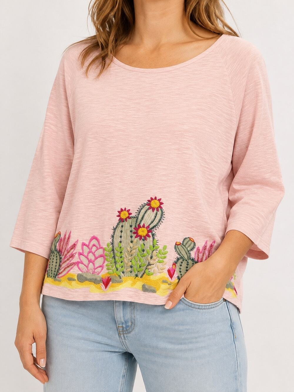 AVANI Del Amour Cactus Embroidered Pink Cotton Boho Top Medium Artsy NWT